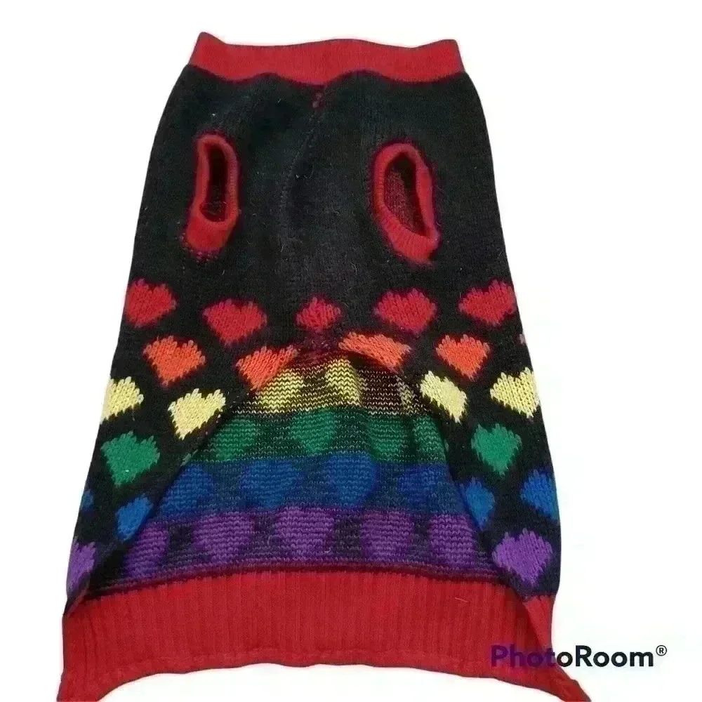 Cozy Knit Rainbow Heart Print Dog Sweater L